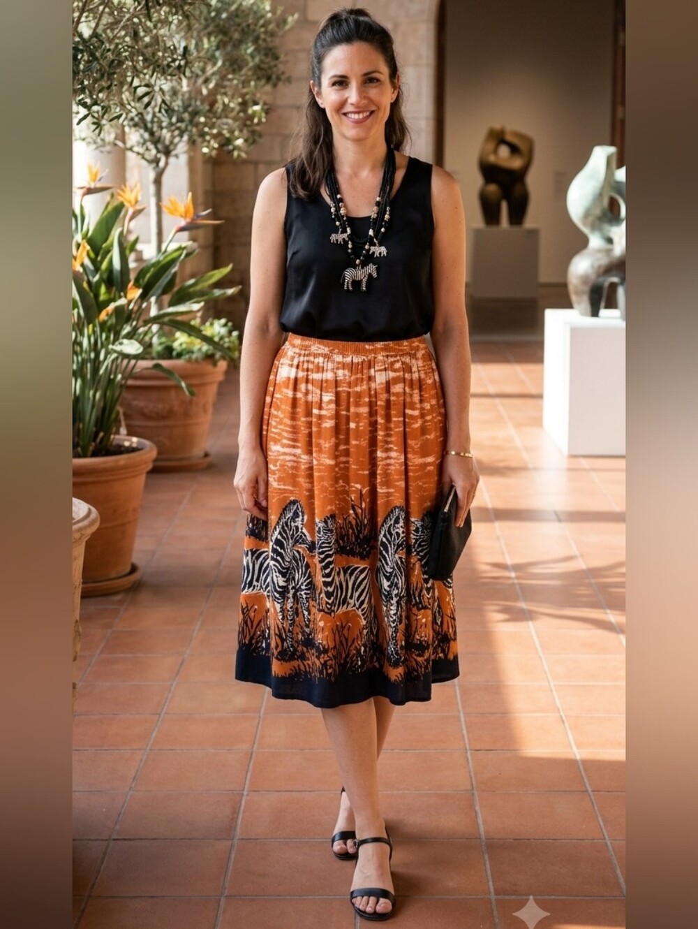 {Neiman Marcus} Orange Zebra-Print Midi Skirt with African Necklace
